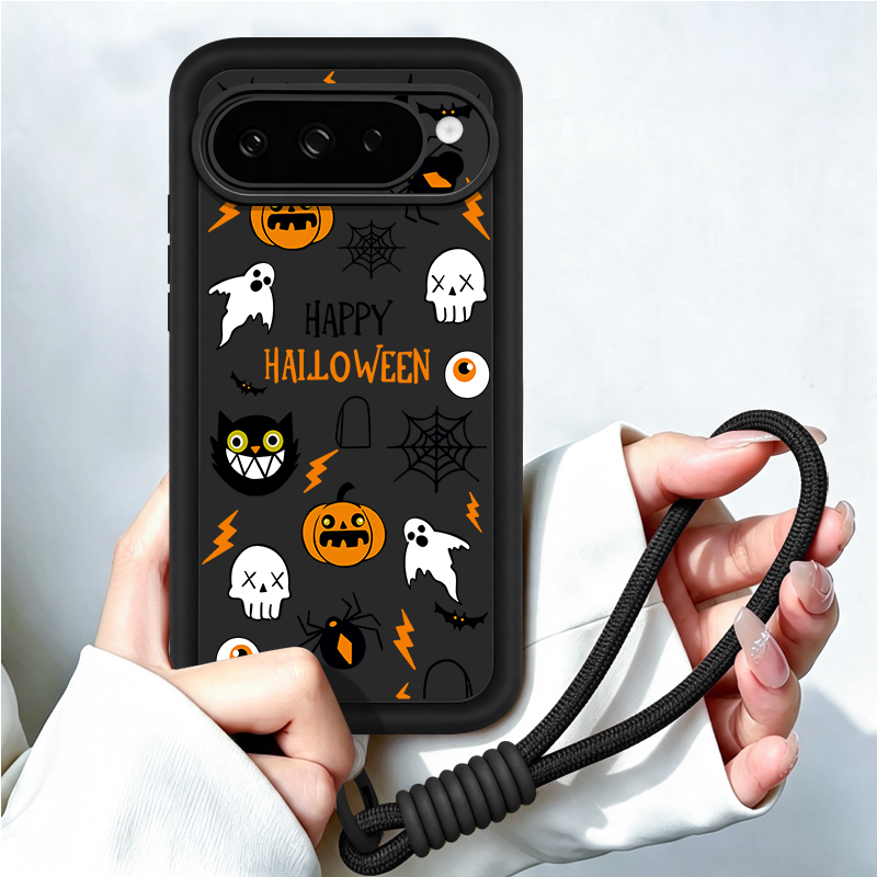 Google Pixel 9 Pro - Cartoon Halloween-patroon telefoonhoesje met koord voor